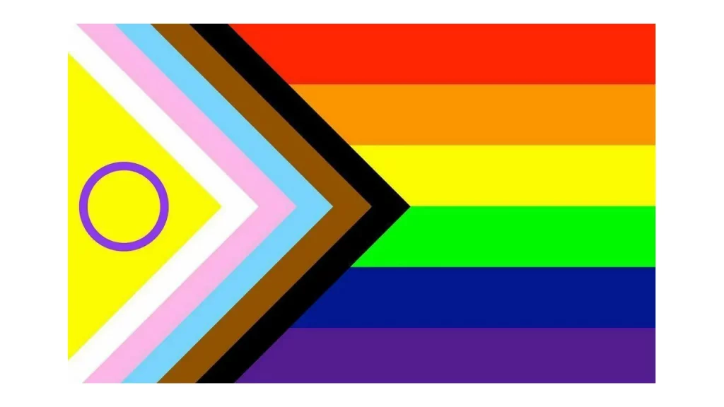 Progress pride flag seen often at LGBTQIA+ pride celebrations. One of many ways to show support for LGBTQIA+ communities.