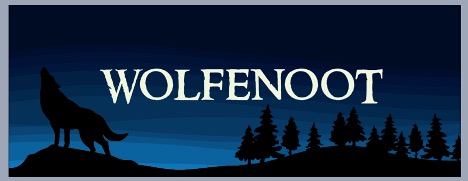 Wolfenoot in white on a blue background with an image of a wolf howling and trees.