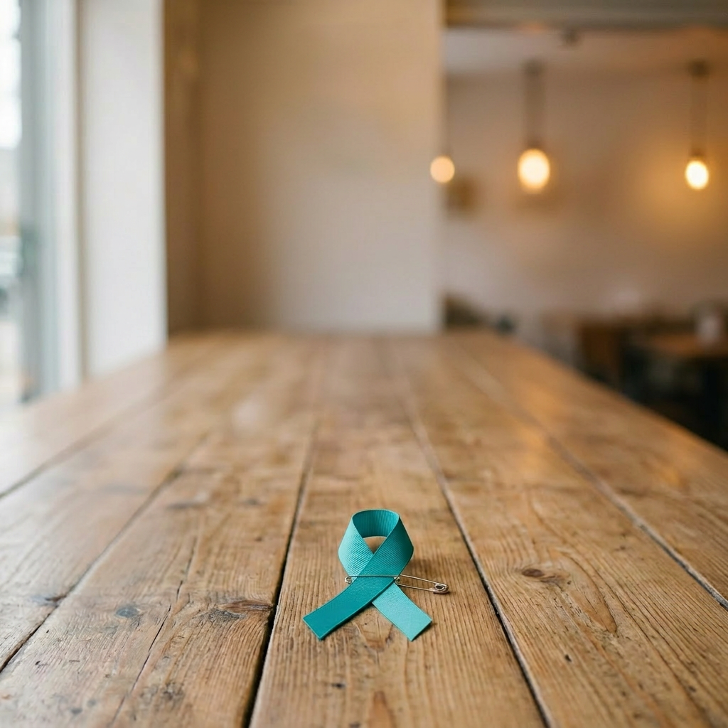 a teal awareness ribbon sitting on a wooden table