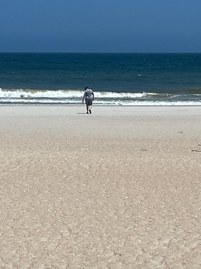 Person walking on beach with back toward camera